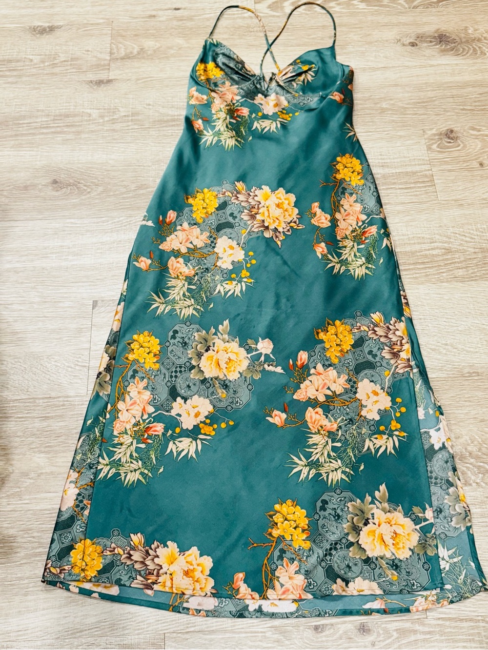 VICI Green Floral Satin Finish Slip Midi Dress Lace Up Back Size L
